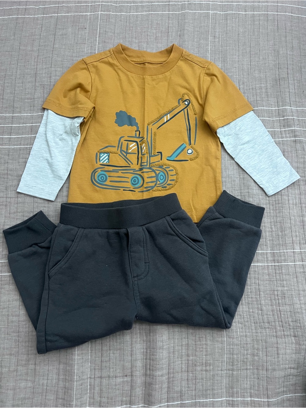 Kids Headquarters Mustard Layered-Look Excavator Long Sleeve Tee and sweats set